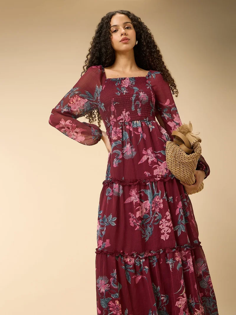 Outzidr  Maroon Full Sleeve Fit & Flare Dress for Women | Best Price UAE